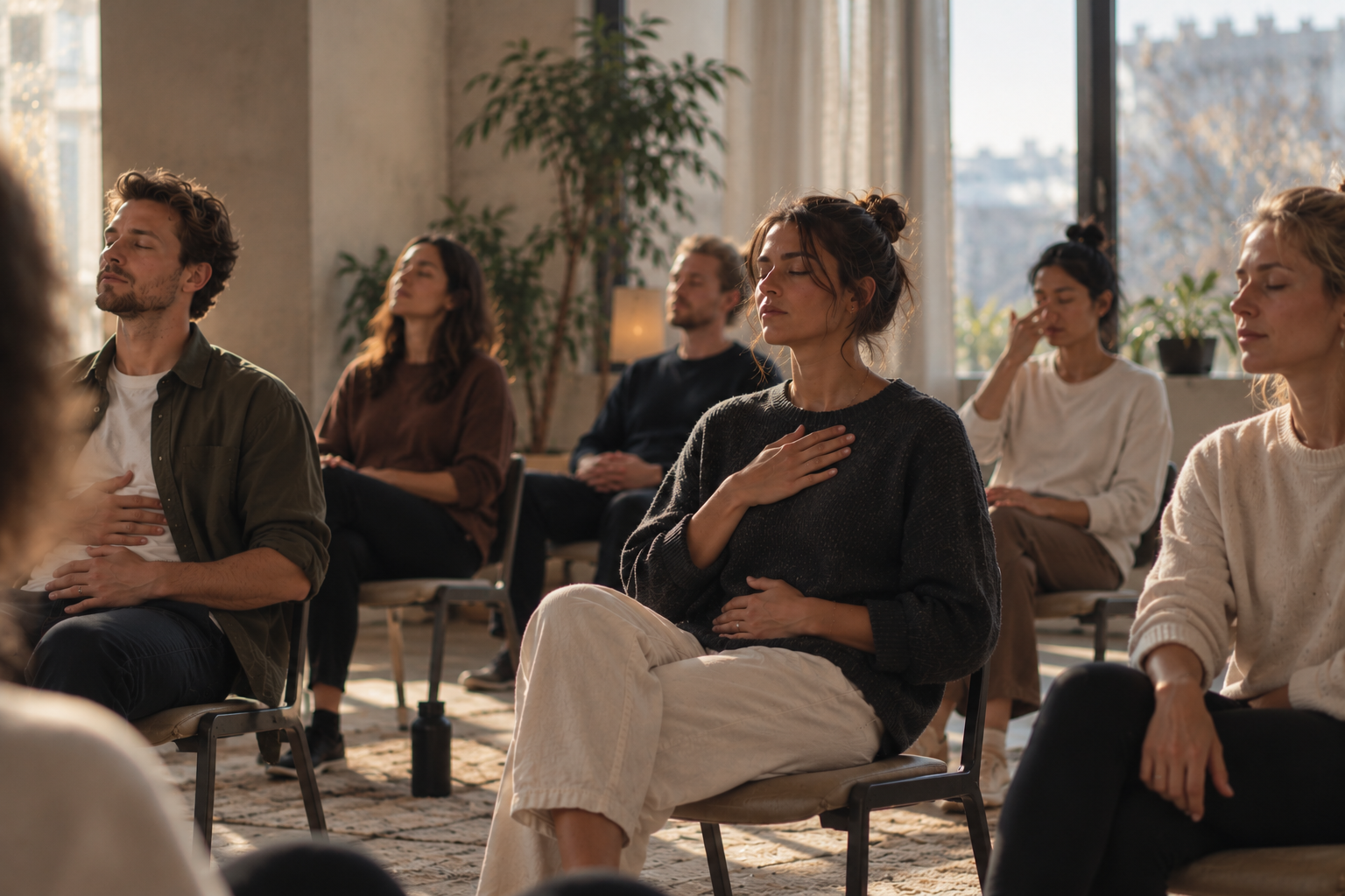 A group seated on chairs in a circle in a warm, sunlit studio, eyes closed, one hand on the chest and one on the belly during a guided breathwork session